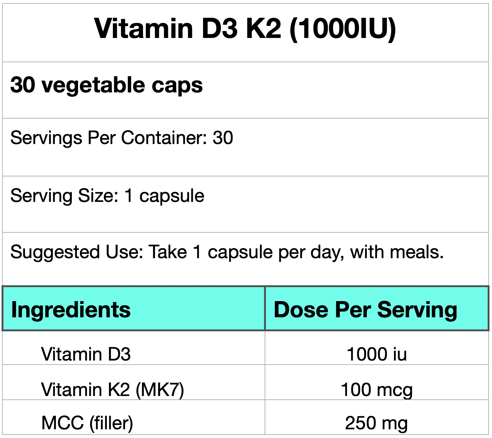 Vitamin D3 K2 (1000iu)